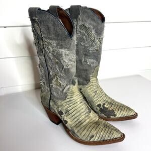 Dan Post Buckshot Teju Lizard Ripped Denim Western Boots Size 7.5 M